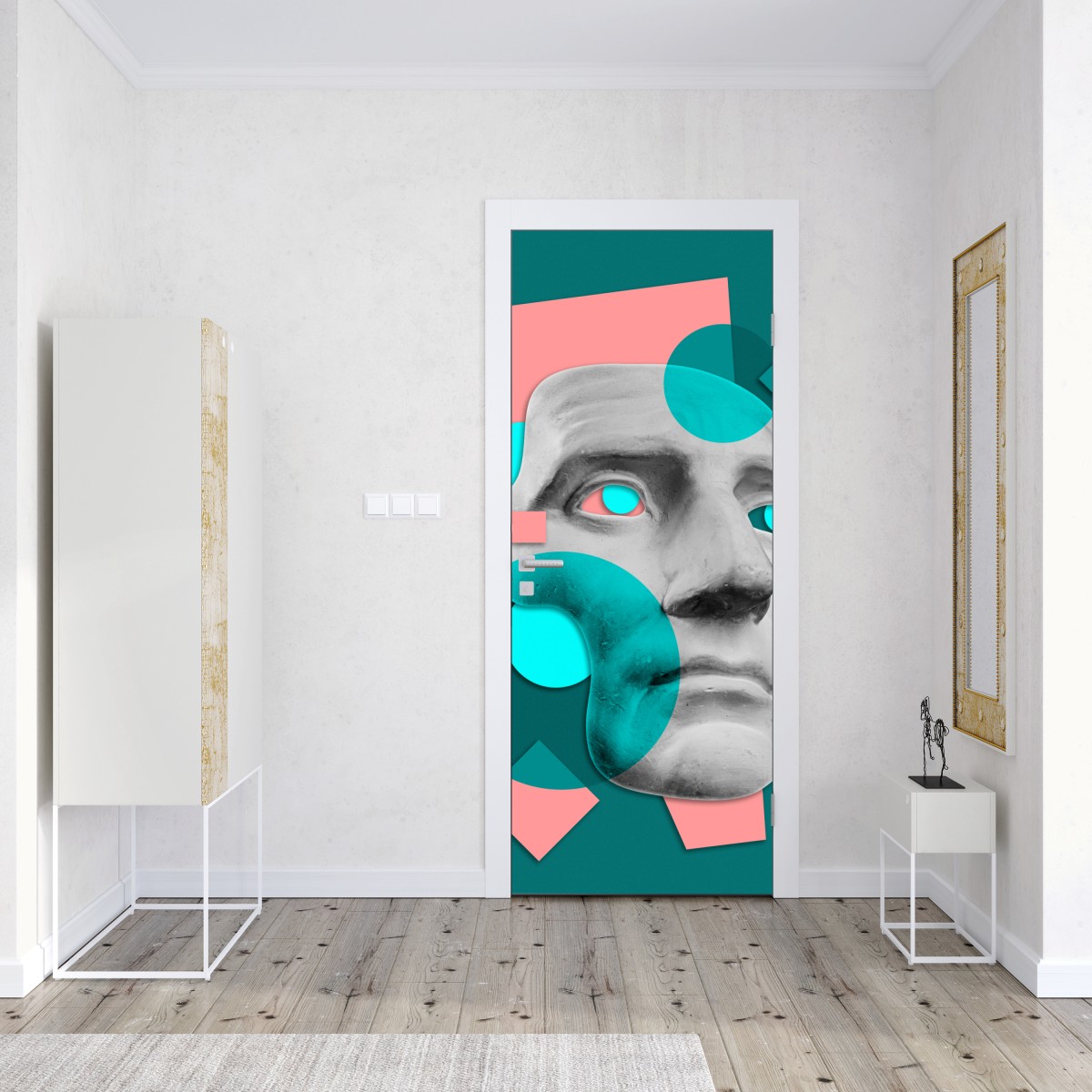 Naklejka na drzwi abstrakcyjna klasyczna maska w turkusie i różu – Wallissimo® Naklejka na drzwi abstrakcyjna klasyczna maska w turkusie i różu – Wallissimo®