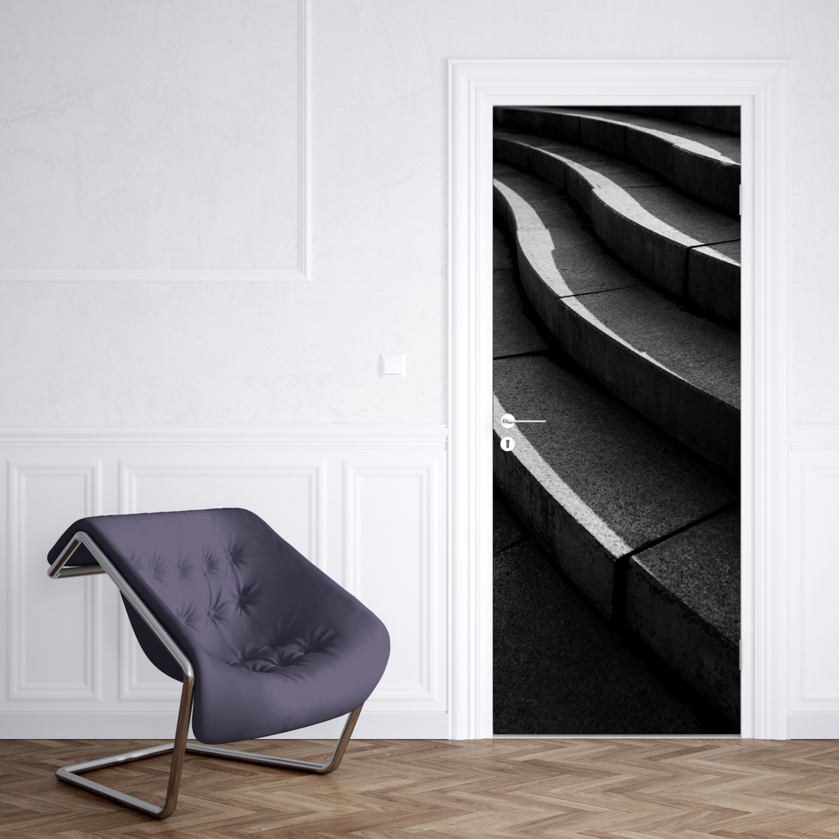 Naklejka na drzwi zakrzywione betonowe schody w cieniu – Wallissimo® Naklejka na drzwi zakrzywione betonowe schody w cieniu – Wallissimo®