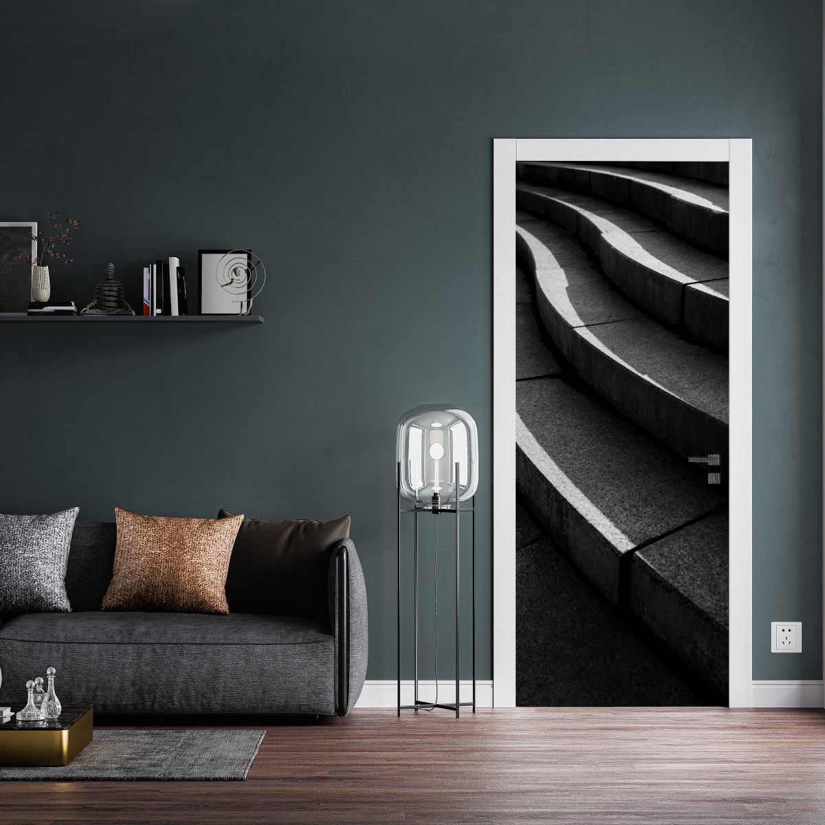 Naklejka na drzwi zakrzywione betonowe schody w cieniu – Wallissimo® Naklejka na drzwi zakrzywione betonowe schody w cieniu – Wallissimo®