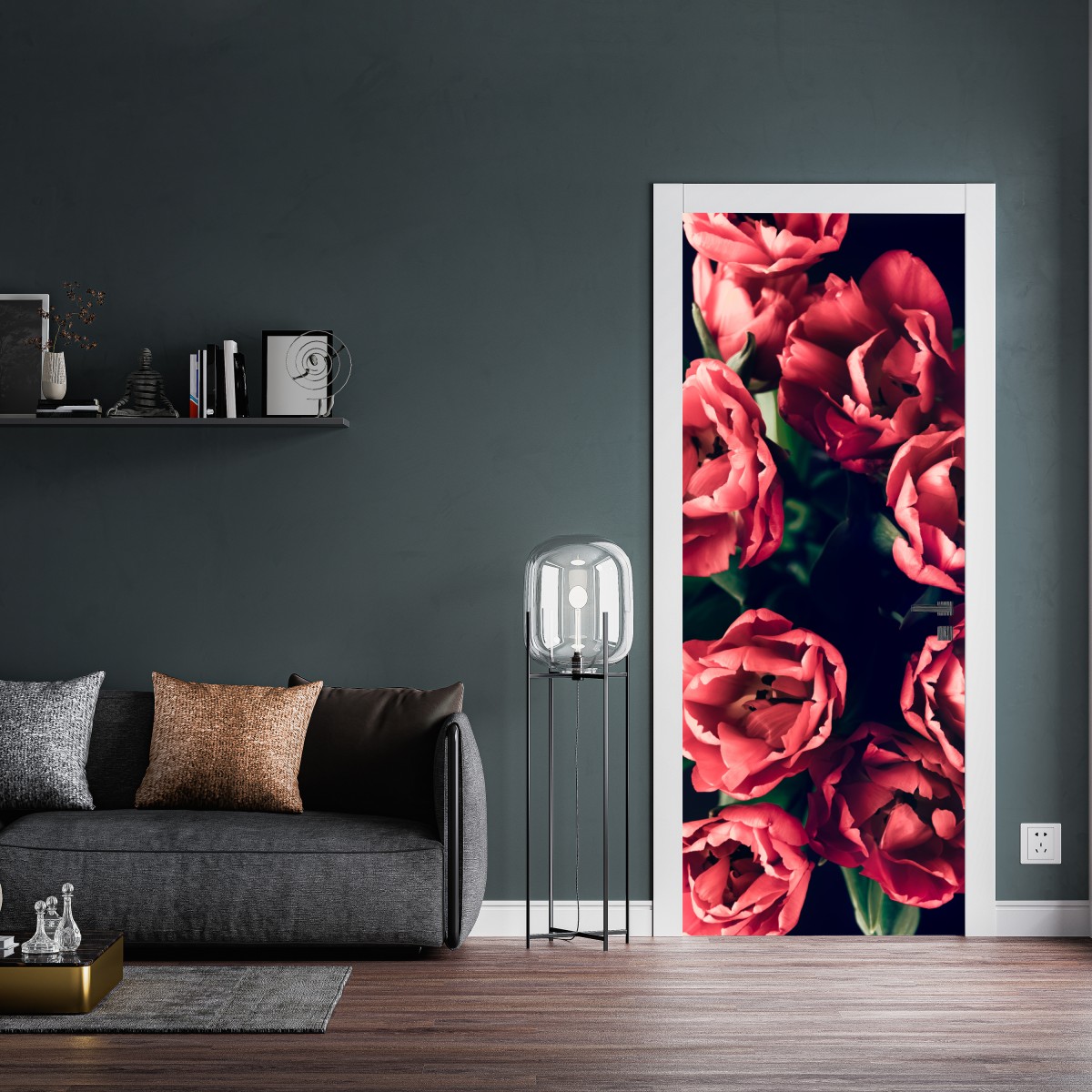 Naklejka na drzwi nastrojowy różowy bukiet tulipanów – Wallissimo® Naklejka na drzwi nastrojowy różowy bukiet tulipanów – Wallissimo®