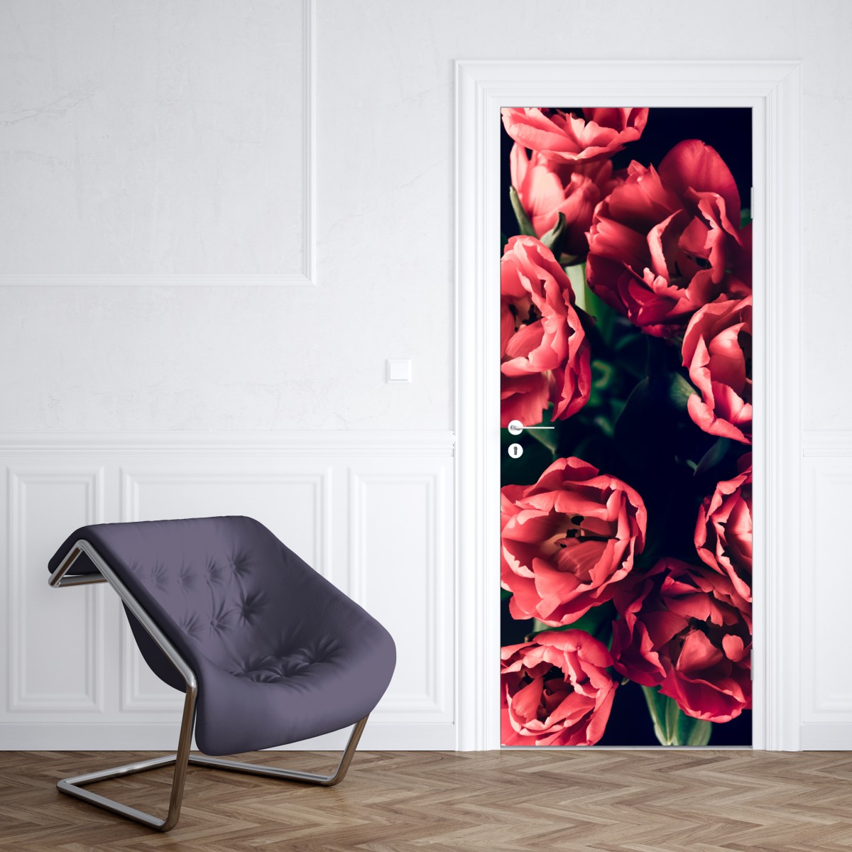 Naklejka na drzwi nastrojowy różowy bukiet tulipanów – Wallissimo® Naklejka na drzwi nastrojowy różowy bukiet tulipanów – Wallissimo®