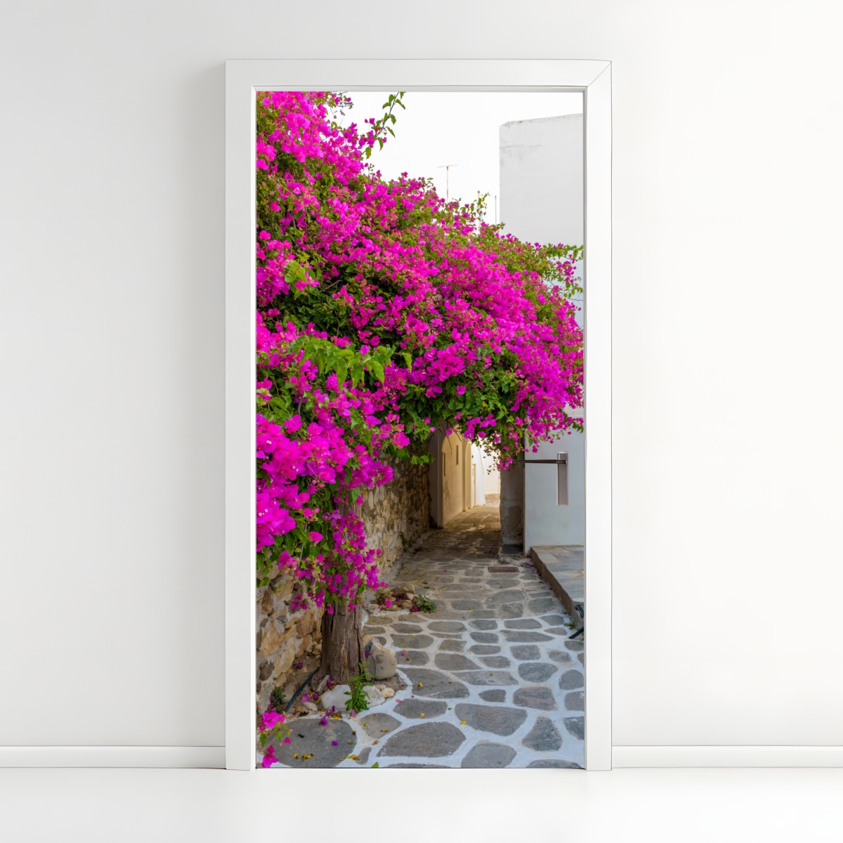 Door sticker blooming bougainvillea in Naousa alley – Wallissimo®