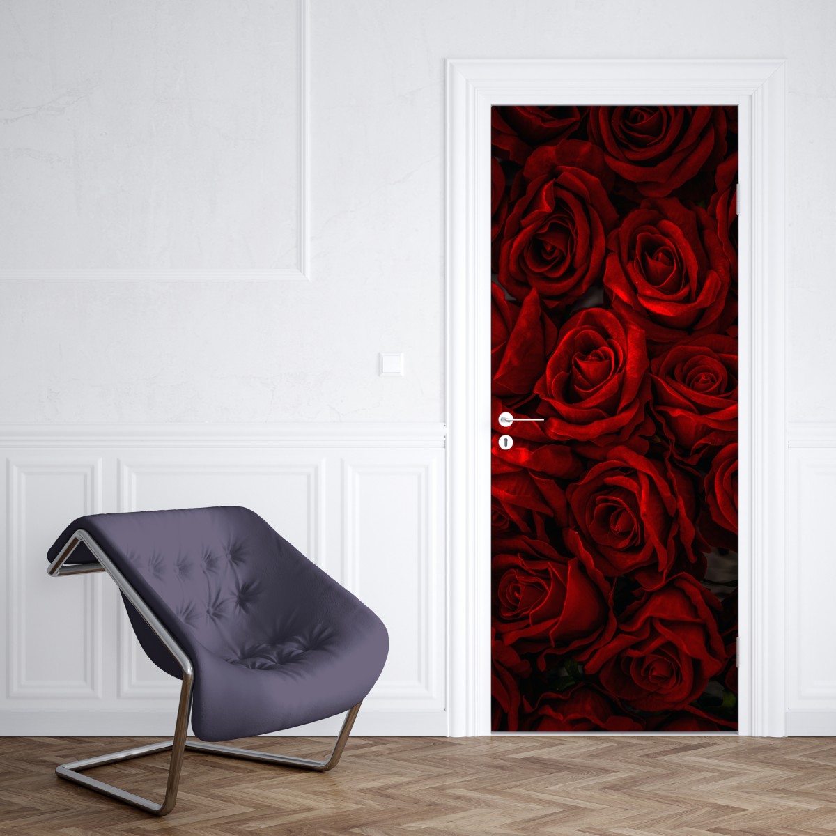 Naklejka na drzwi intensywne czerwone róże z bliska – Wallissimo® Naklejka na drzwi intensywne czerwone róże z bliska – Wallissimo®