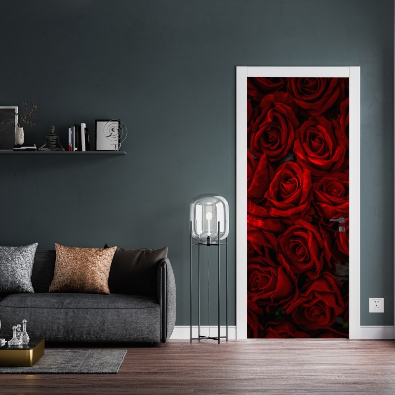 Naklejka na drzwi intensywne czerwone róże z bliska – Wallissimo® Naklejka na drzwi intensywne czerwone róże z bliska – Wallissimo®