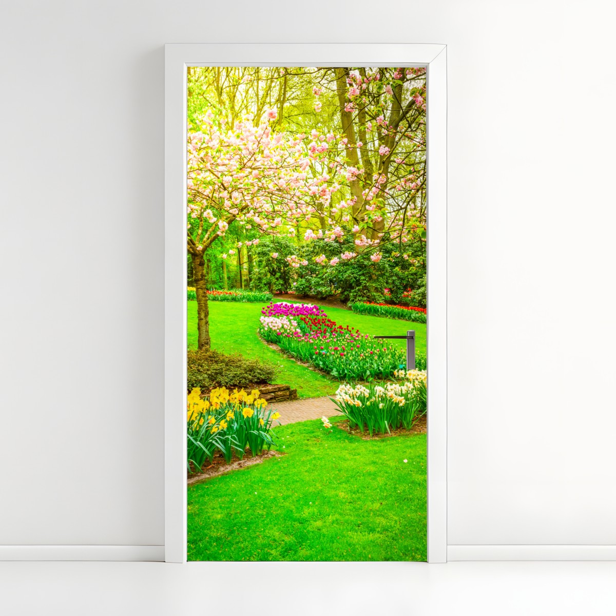Door sticker spring garden bloom: tulips and cherry blossoms – Wallissimo®