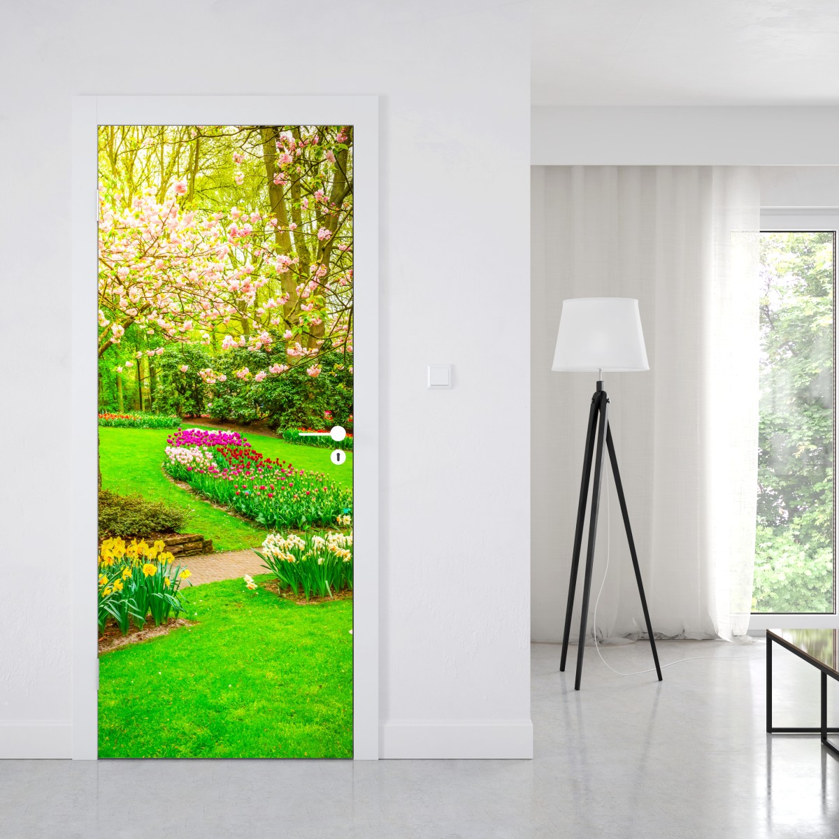 Naklejka na drzwi wiosenny ogród w rozkwicie: tulipany i kwiat wiśni – Wallissimo® Naklejka na drzwi wiosenny ogród w rozkwicie: tulipany i kwiat wiśni – Wallissimo®