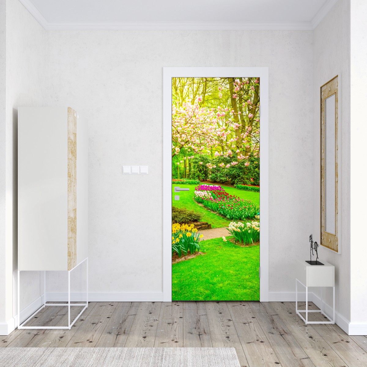 Naklejka na drzwi wiosenny ogród w rozkwicie: tulipany i kwiat wiśni – Wallissimo® Naklejka na drzwi wiosenny ogród w rozkwicie: tulipany i kwiat wiśni – Wallissimo®