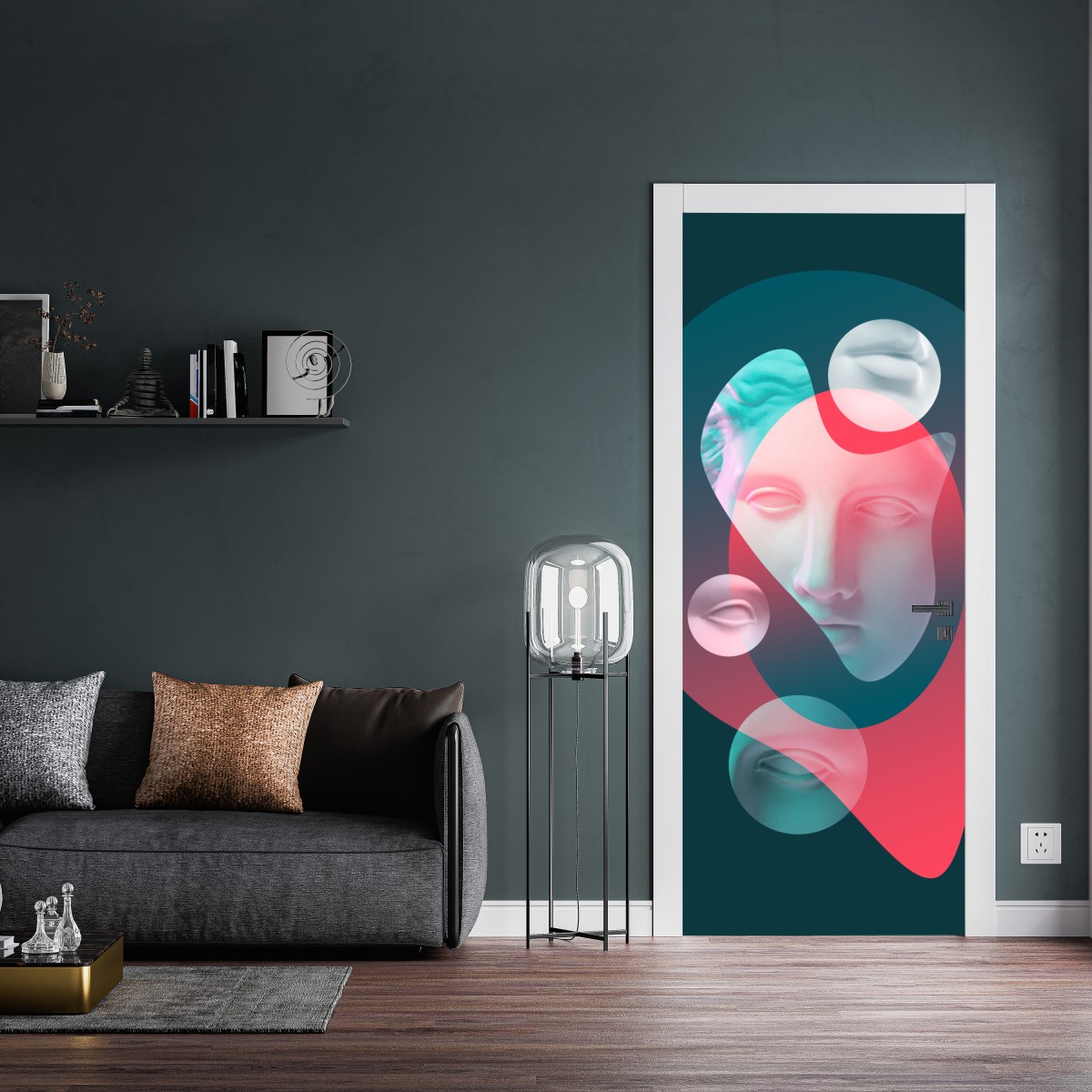 Naklejka na drzwi surrealistyczna klasyczna twarz w duotonie – Wallissimo® Naklejka na drzwi surrealistyczna klasyczna twarz w duotonie – Wallissimo®