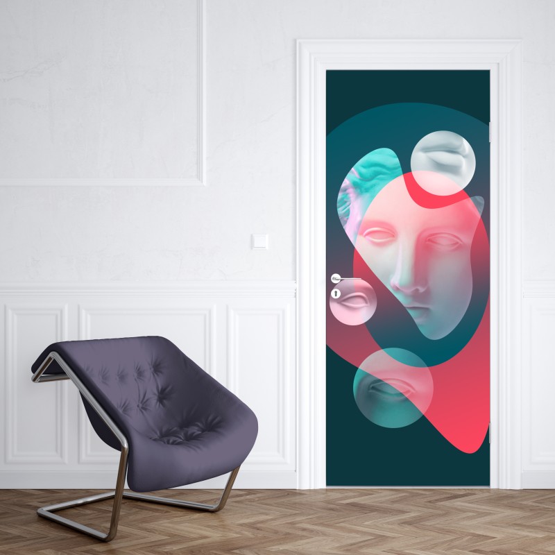 Naklejka na drzwi surrealistyczna klasyczna twarz w duotonie – Wallissimo® Naklejka na drzwi surrealistyczna klasyczna twarz w duotonie – Wallissimo®