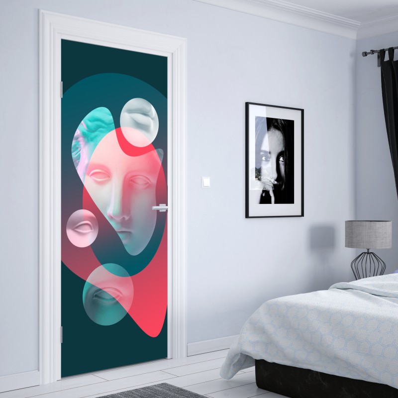 Naklejka na drzwi surrealistyczna klasyczna twarz w duotonie – Wallissimo® Naklejka na drzwi surrealistyczna klasyczna twarz w duotonie – Wallissimo®