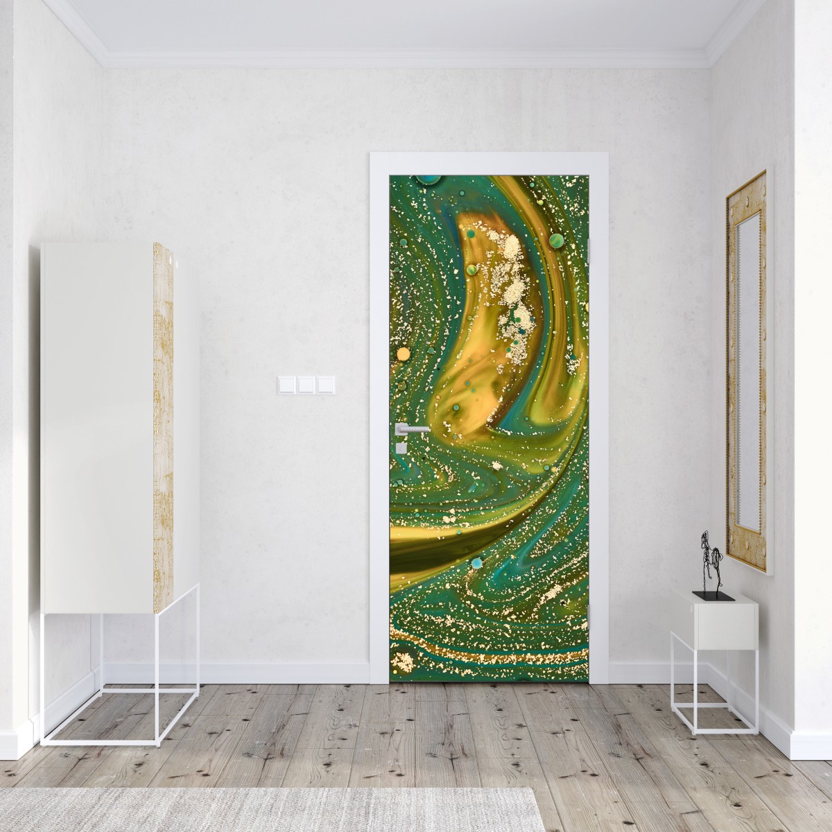 Naklejka na drzwi zielono-złota płynna marmurkowa grafika – Wallissimo® Naklejka na drzwi zielono-złota płynna marmurkowa grafika – Wallissimo®