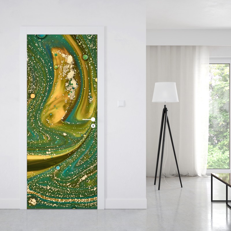 Naklejka na drzwi zielono-złota płynna marmurkowa grafika – Wallissimo® Naklejka na drzwi zielono-złota płynna marmurkowa grafika – Wallissimo®