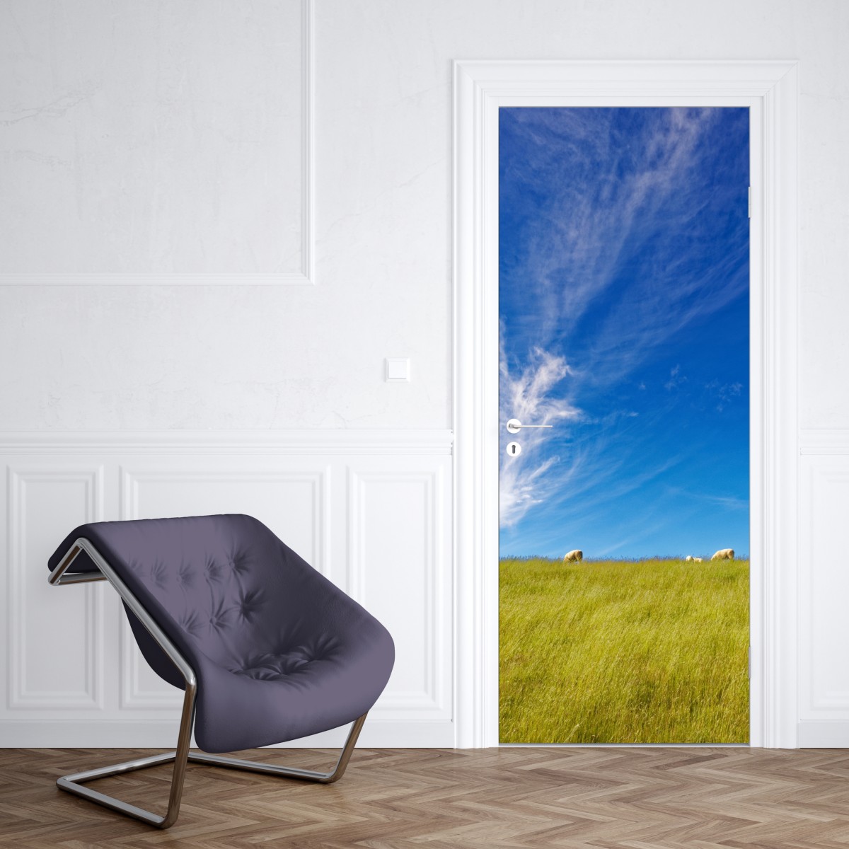 Naklejka na drzwi spokojna łąka pod błękitnym niebem – Wallissimo® Naklejka na drzwi spokojna łąka pod błękitnym niebem – Wallissimo®