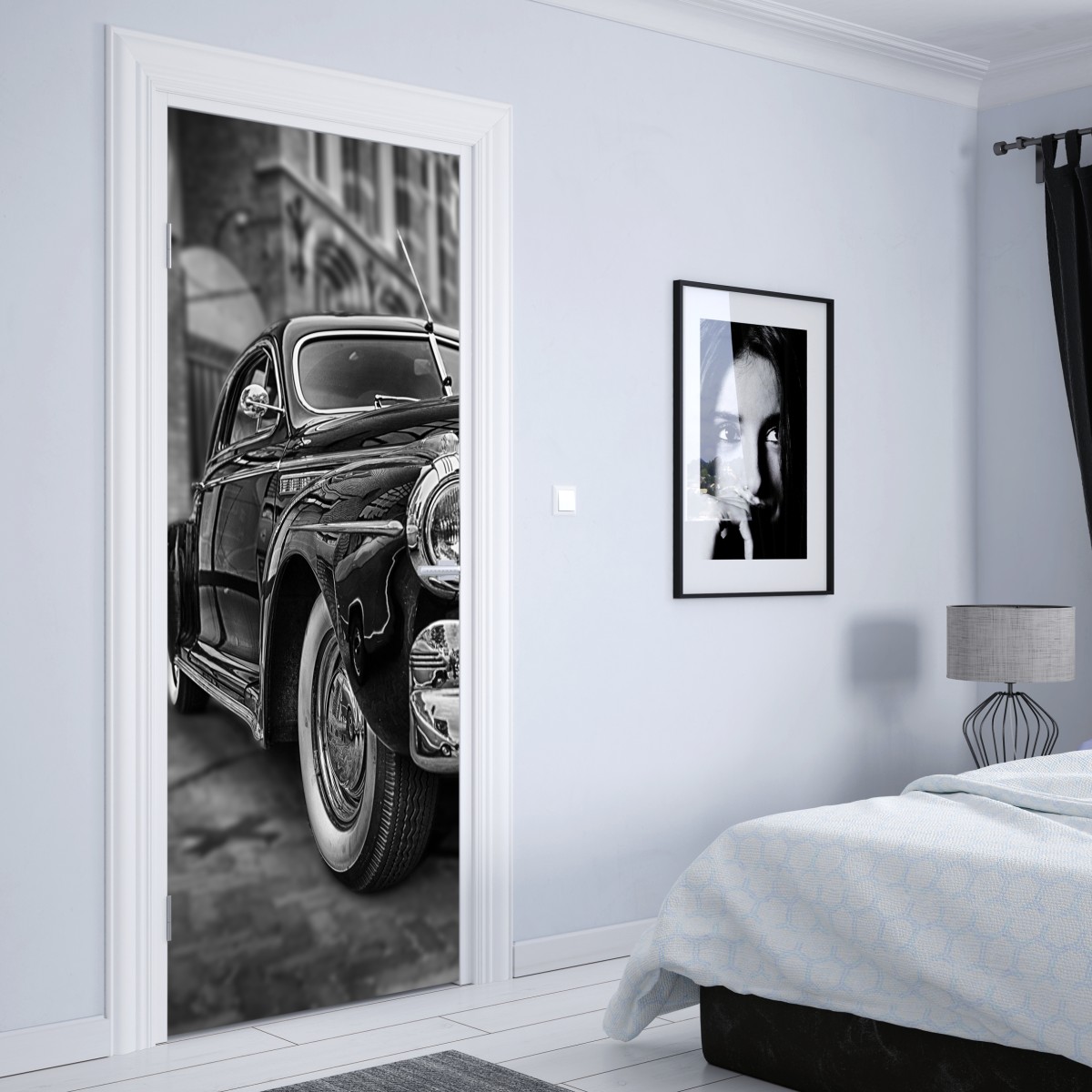 Naklejka na drzwi zabytkowy klasyczny samochód na brukowanej ulicy – Wallissimo® Naklejka na drzwi zabytkowy klasyczny samochód na brukowanej ulicy – Wallissimo®