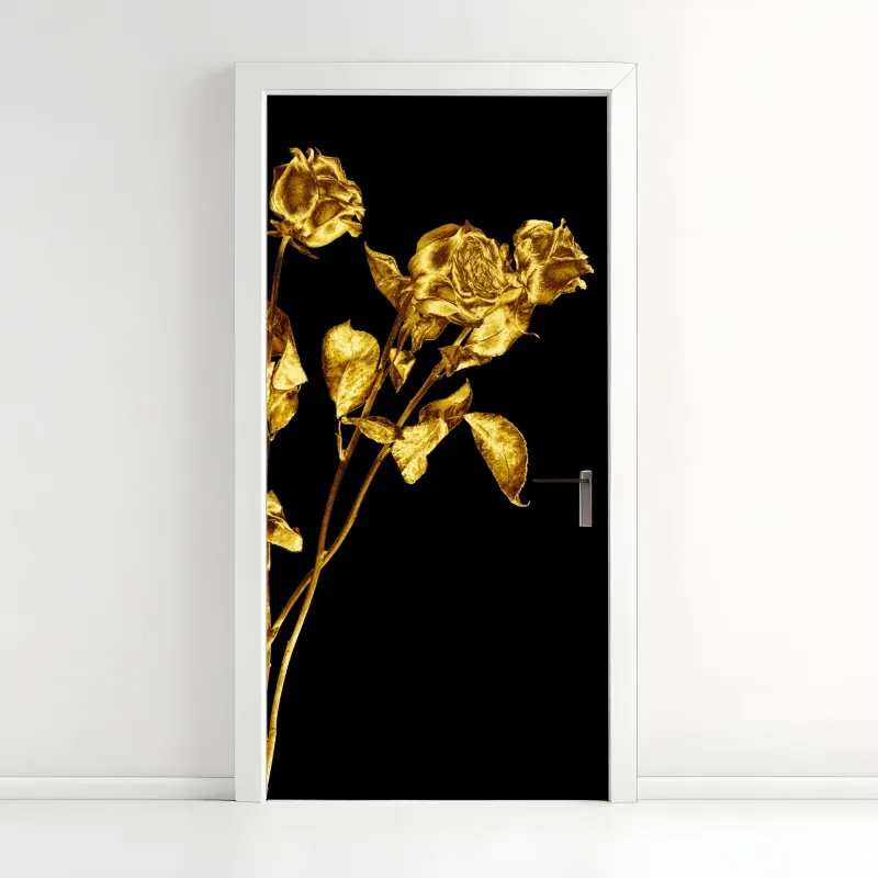 Naklejka na drzwi złote róże na czarnym tle