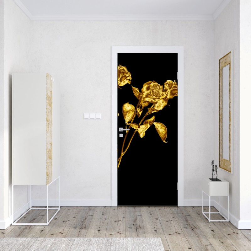 Naklejka na drzwi złote róże na czarnym tle – Wallissimo® Naklejka na drzwi złote róże na czarnym tle – Wallissimo®