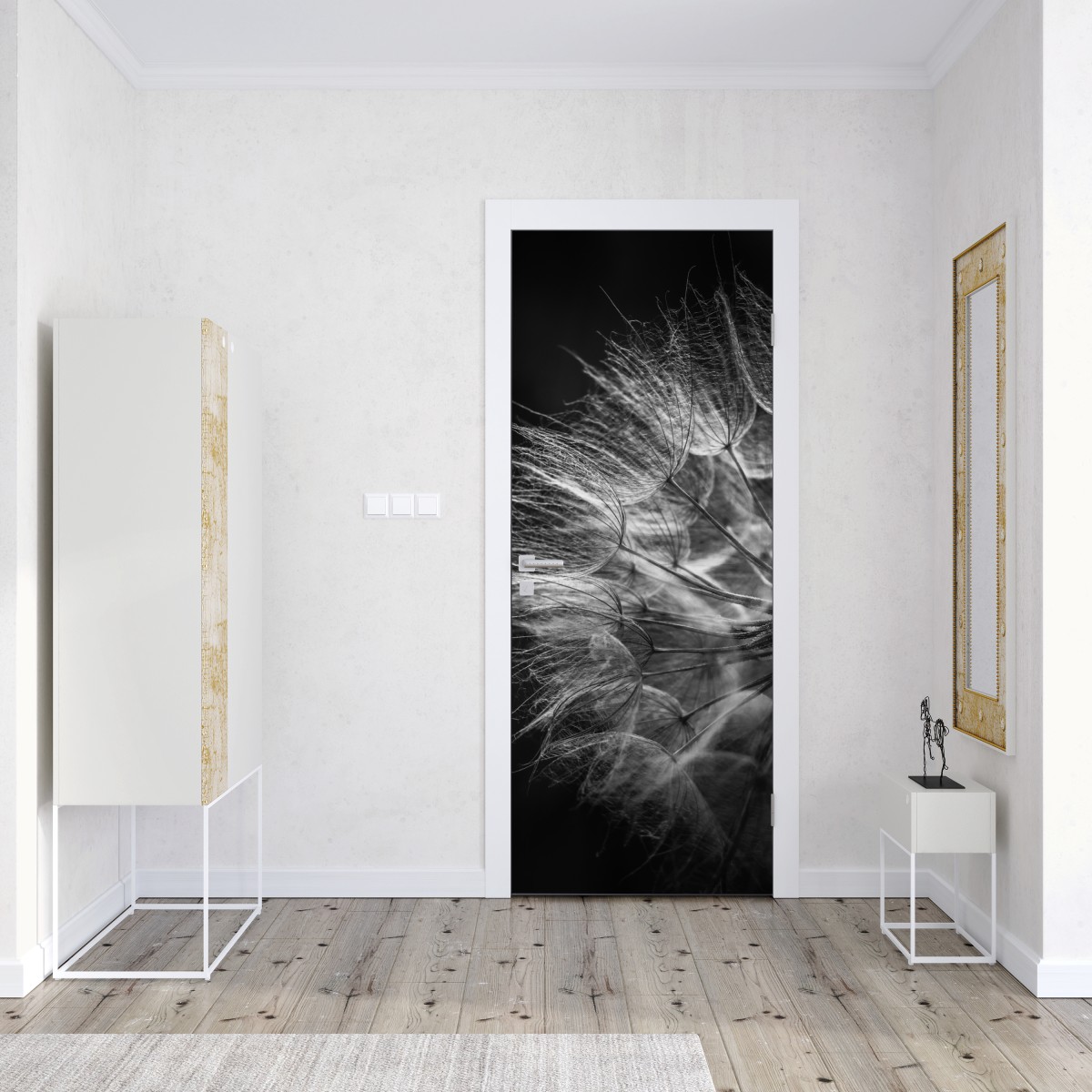 Naklejka na drzwi delikatny puch dmuchawca w monochromie – Wallissimo® Naklejka na drzwi delikatny puch dmuchawca w monochromie – Wallissimo®