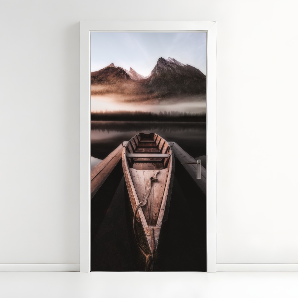 Door sticker misty mountain boat at dawn – Wallissimo®
