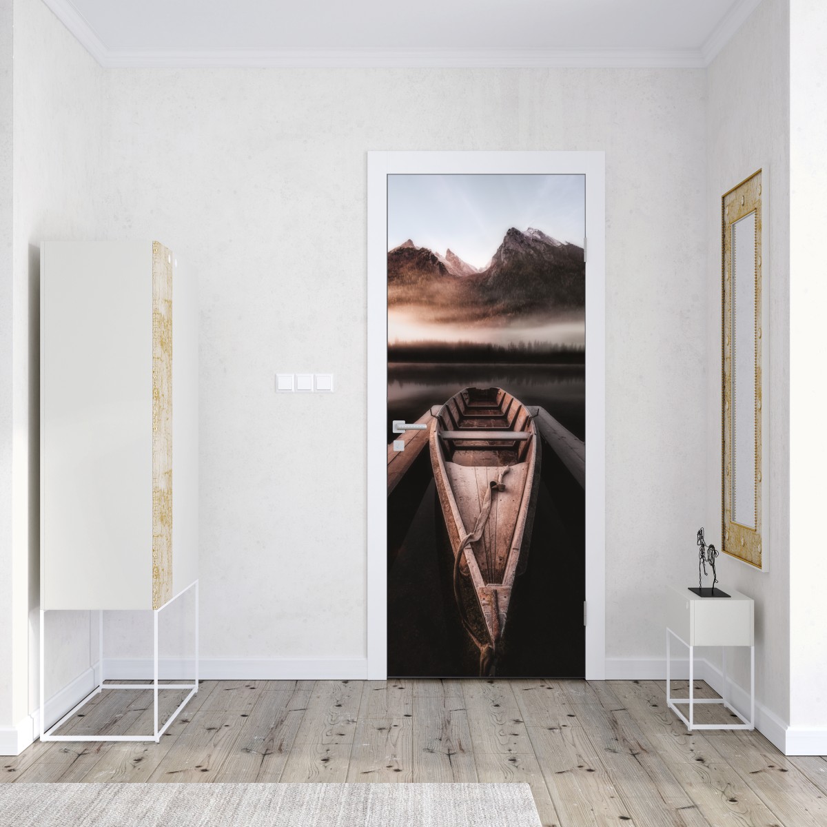 Naklejka na drzwi mglista łódź przy górskim jeziorze – Wallissimo® Naklejka na drzwi mglista łódź przy górskim jeziorze – Wallissimo®