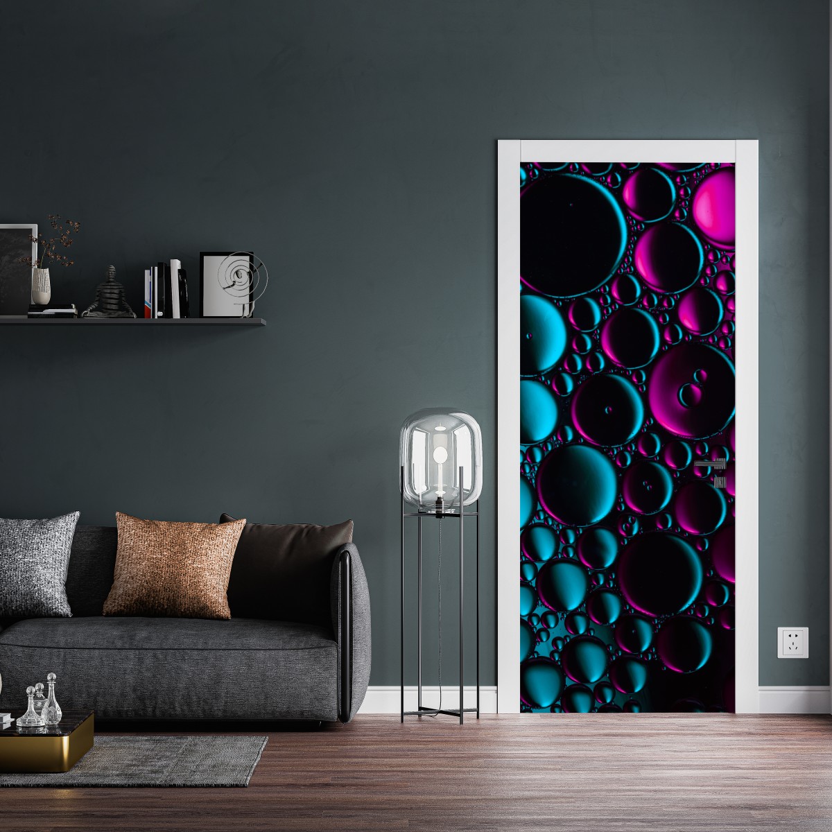 Naklejka na drzwi turkusowo-magenta wzór bąbelków – Wallissimo® Naklejka na drzwi turkusowo-magenta wzór bąbelków – Wallissimo®