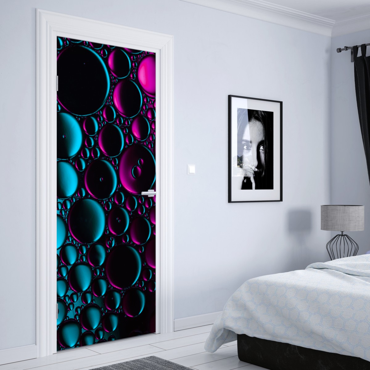 Naklejka na drzwi turkusowo-magenta wzór bąbelków – Wallissimo® Naklejka na drzwi turkusowo-magenta wzór bąbelków – Wallissimo®