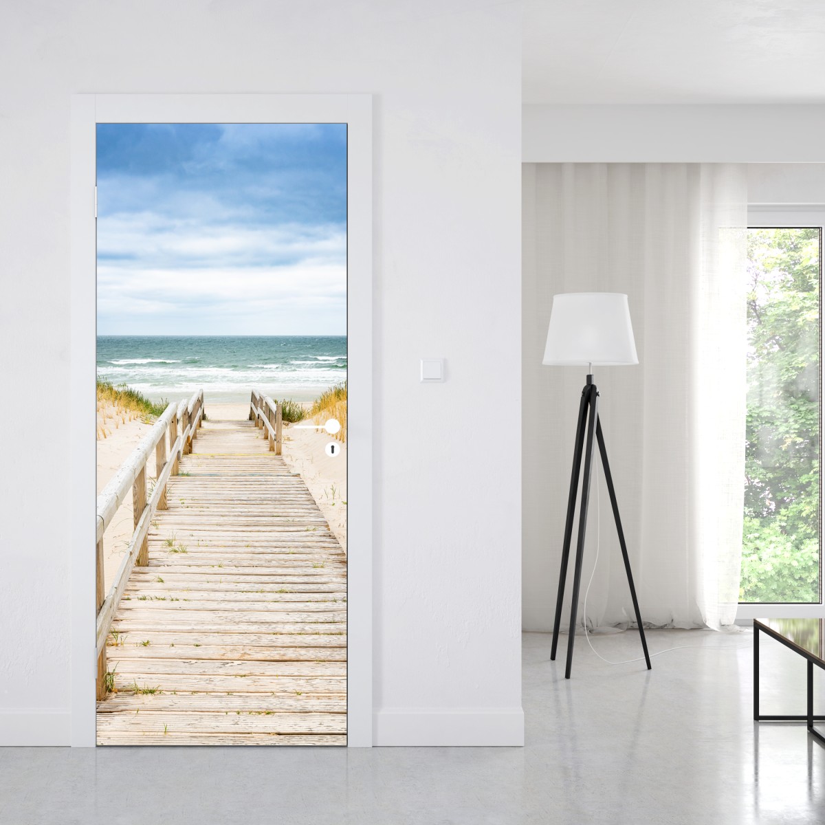 Naklejka na drzwi drewniany pomost prowadzący na plażę, Sylt – Wallissimo® Naklejka na drzwi drewniany pomost prowadzący na plażę, Sylt – Wallissimo®