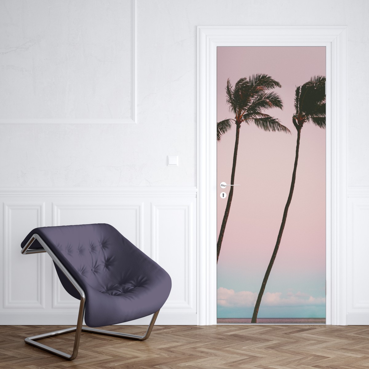 Naklejka na drzwi pastelowe palmy o zmierzchu – Wallissimo® Naklejka na drzwi pastelowe palmy o zmierzchu – Wallissimo®