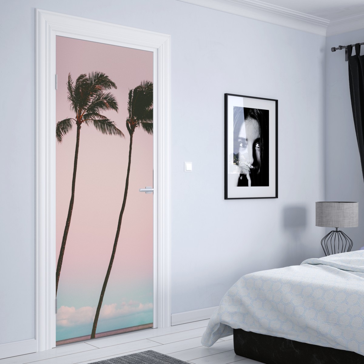 Naklejka na drzwi pastelowe palmy o zmierzchu – Wallissimo® Naklejka na drzwi pastelowe palmy o zmierzchu – Wallissimo®