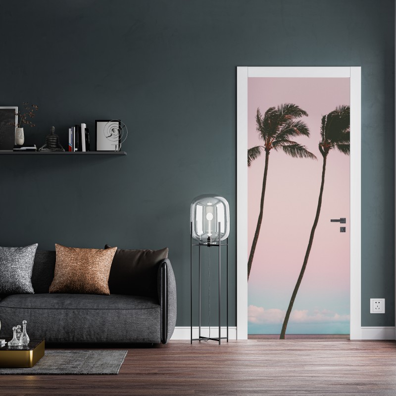 Naklejka na drzwi pastelowe palmy o zmierzchu – Wallissimo® Naklejka na drzwi pastelowe palmy o zmierzchu – Wallissimo®