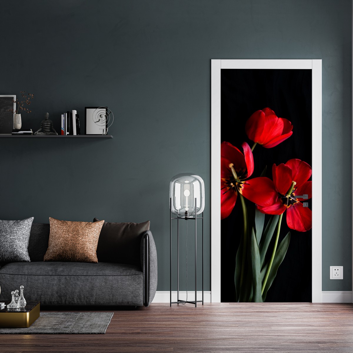 Naklejka na drzwi trzy czerwone tulipany na czarnym tle – Wallissimo® Naklejka na drzwi trzy czerwone tulipany na czarnym tle – Wallissimo®