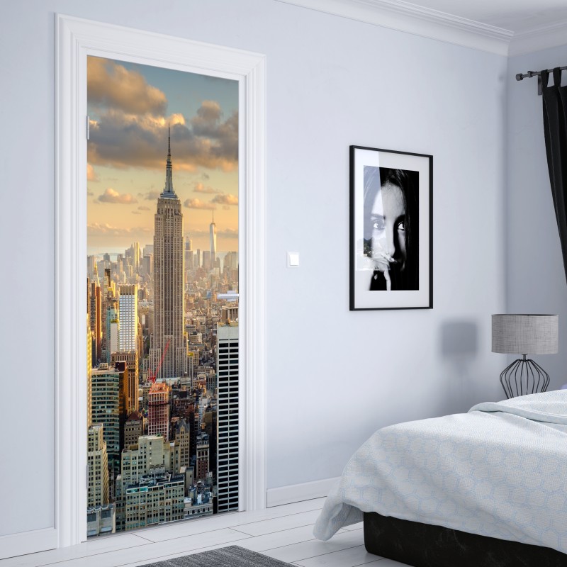 Naklejka na drzwi panorama Nowego Jorku o zachodzie słońca – Wallissimo® Naklejka na drzwi panorama Nowego Jorku o zachodzie słońca – Wallissimo®