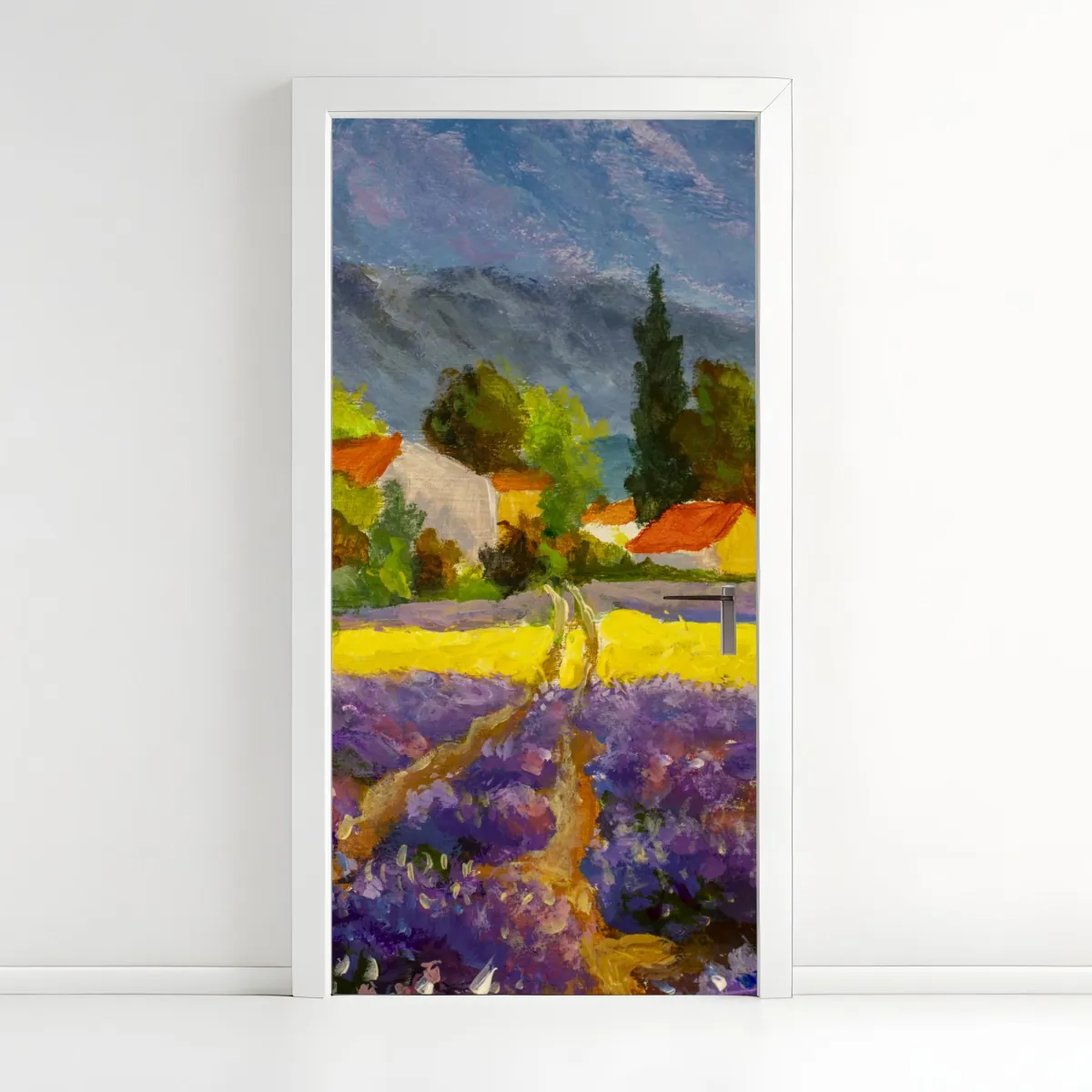 Naklejka na drzwi lawendowe pola o zachodzie słońca – Wallissimo® Naklejka na drzwi lawendowe pola o zachodzie słońca – Wallissimo®