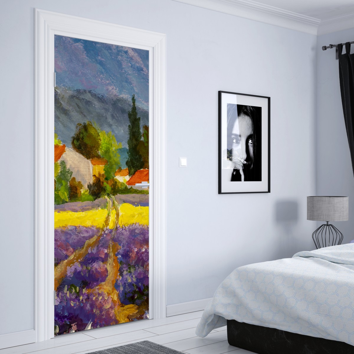 Naklejka na drzwi lawendowe pola o zachodzie słońca – Wallissimo® Naklejka na drzwi lawendowe pola o zachodzie słońca – Wallissimo®