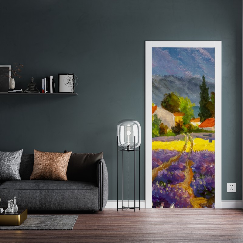 Naklejka na drzwi lawendowe pola o zachodzie słońca – Wallissimo® Naklejka na drzwi lawendowe pola o zachodzie słońca – Wallissimo®