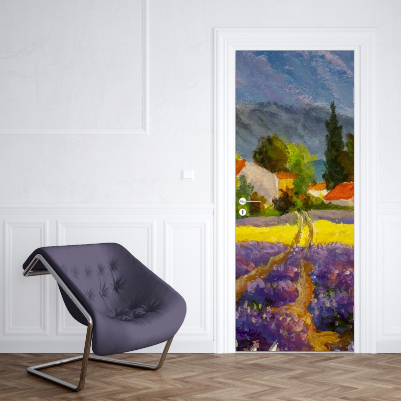 Naklejka na drzwi lawendowe pola o zachodzie słońca – Wallissimo® Naklejka na drzwi lawendowe pola o zachodzie słońca – Wallissimo®