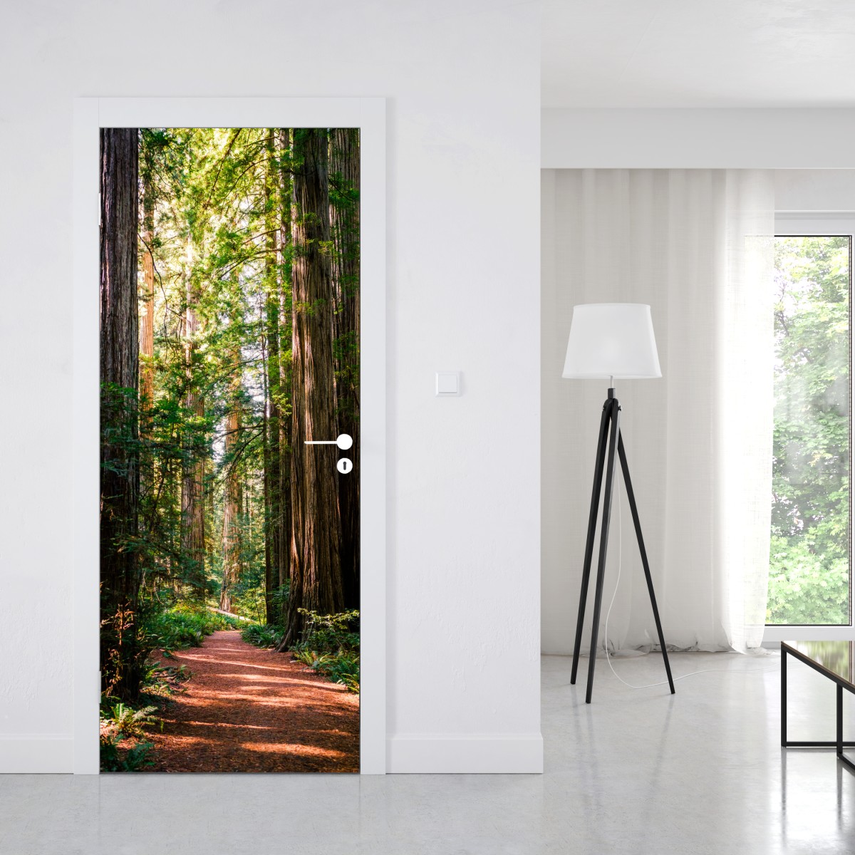 Naklejka na drzwi majestatyczna ścieżka w lesie sekwoi – Wallissimo® Naklejka na drzwi majestatyczna ścieżka w lesie sekwoi – Wallissimo®