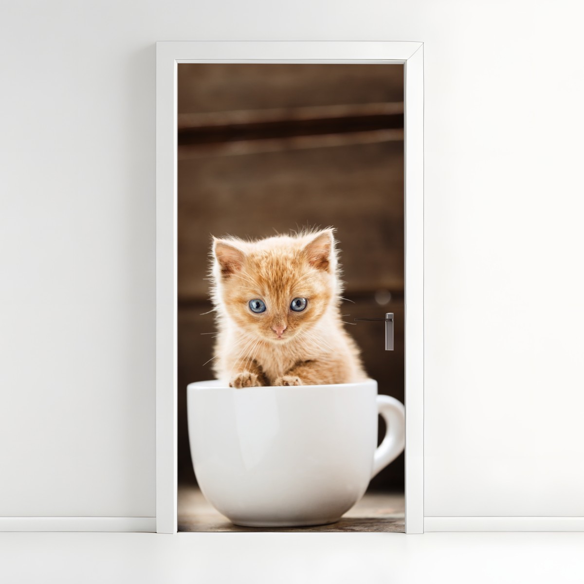 Door sticker ginger kitten in a teacup – Wallissimo®