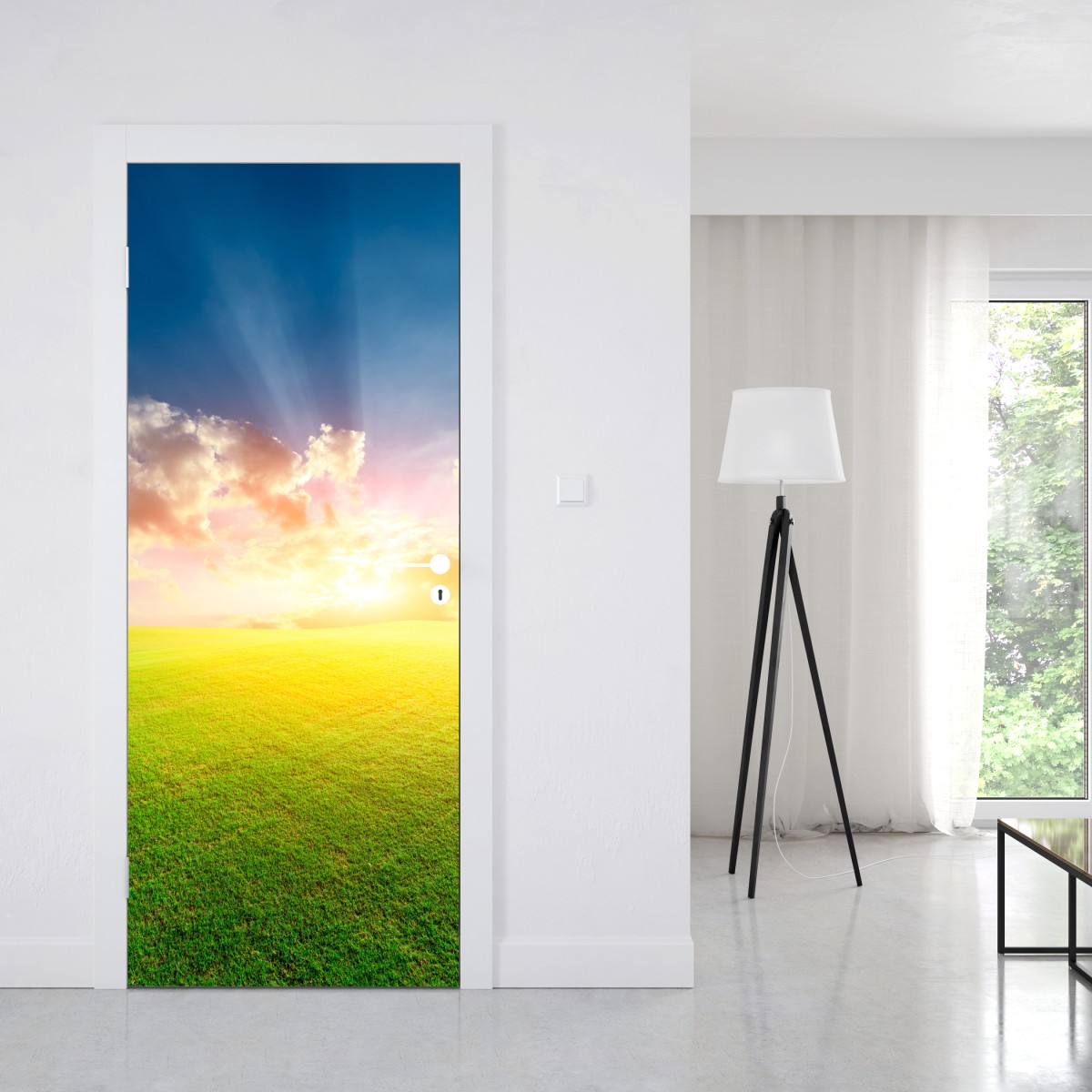 Naklejka na drzwi słoneczna łąka o zmierzchu – Wallissimo® Naklejka na drzwi słoneczna łąka o zmierzchu – Wallissimo®