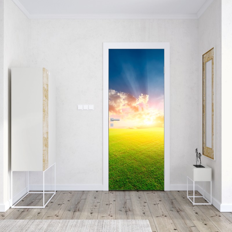Naklejka na drzwi słoneczna łąka o zmierzchu – Wallissimo® Naklejka na drzwi słoneczna łąka o zmierzchu – Wallissimo®
