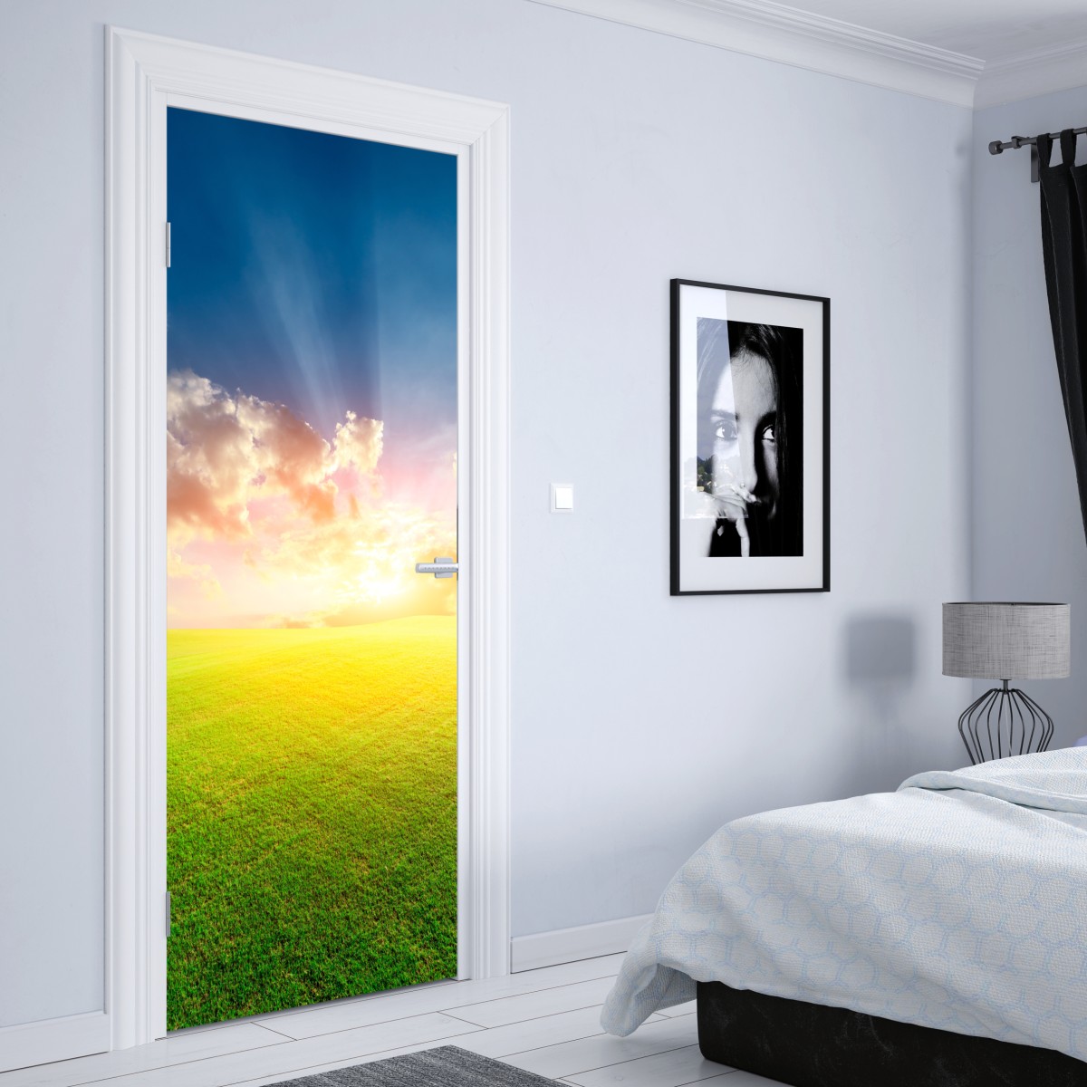Naklejka na drzwi słoneczna łąka o zmierzchu – Wallissimo® Naklejka na drzwi słoneczna łąka o zmierzchu – Wallissimo®