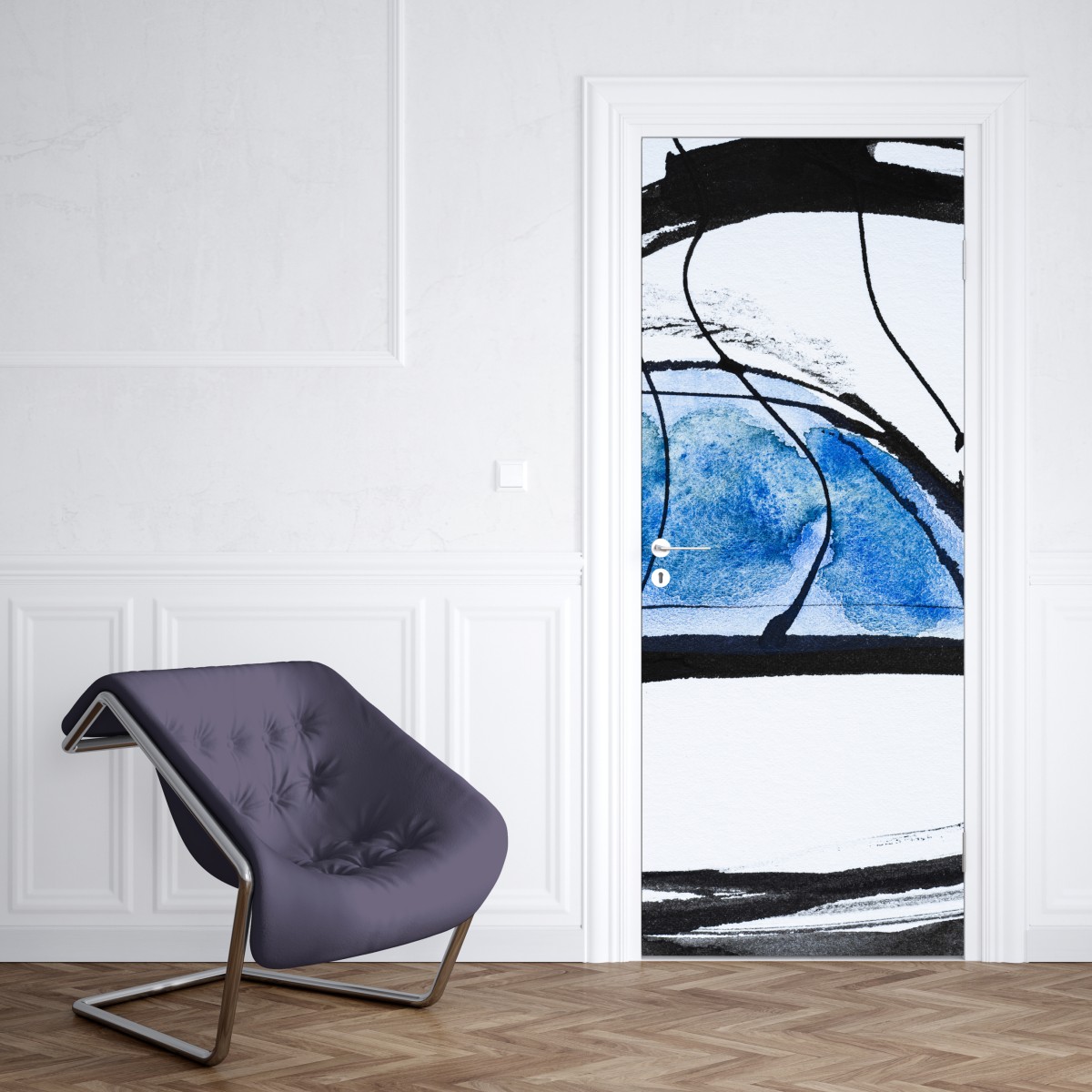 Naklejka na drzwi niebieska abstrakcja tuszem i akwarelą – Wallissimo® Naklejka na drzwi niebieska abstrakcja tuszem i akwarelą – Wallissimo®