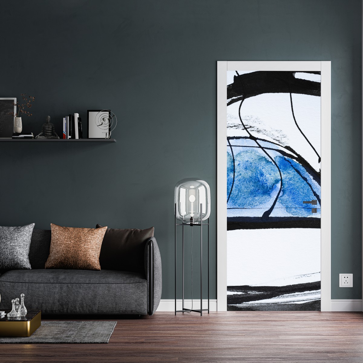 Naklejka na drzwi niebieska abstrakcja tuszem i akwarelą – Wallissimo® Naklejka na drzwi niebieska abstrakcja tuszem i akwarelą – Wallissimo®