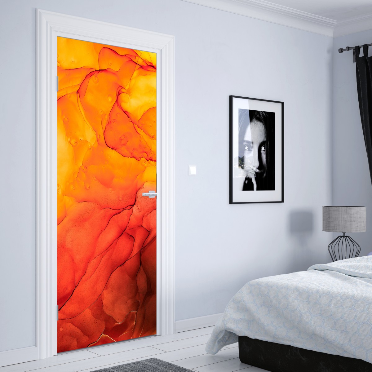 Naklejka na drzwi abstrakcja alkoholowa w odcieniach pomarańczy – Wallissimo® Naklejka na drzwi abstrakcja alkoholowa w odcieniach pomarańczy – Wallissimo®