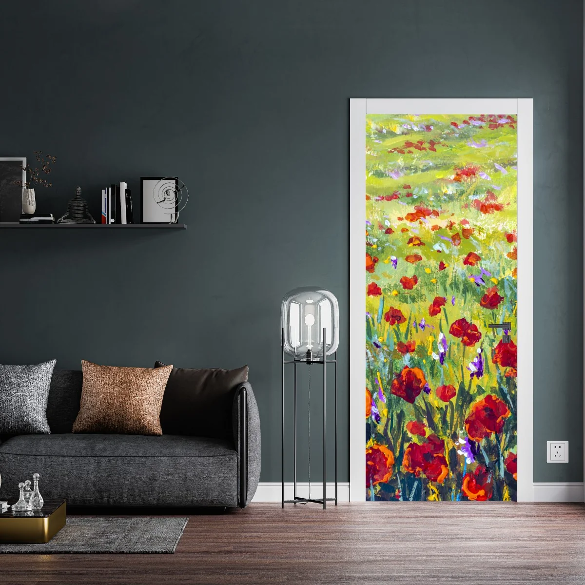 Naklejka na drzwi impresjonistyczna łąka z makami – Wallissimo® Naklejka na drzwi impresjonistyczna łąka z makami – Wallissimo®