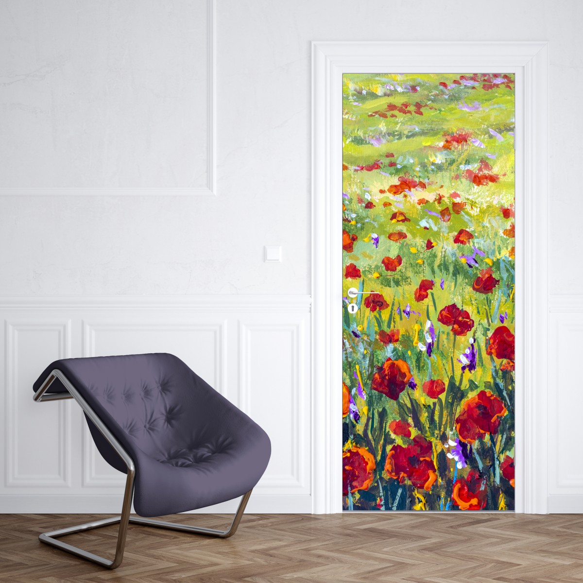 Naklejka na drzwi impresjonistyczna łąka z makami – Wallissimo® Naklejka na drzwi impresjonistyczna łąka z makami – Wallissimo®