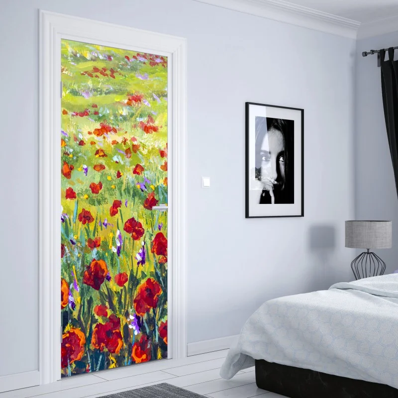 Naklejka na drzwi impresjonistyczna łąka z makami – Wallissimo® Naklejka na drzwi impresjonistyczna łąka z makami – Wallissimo®