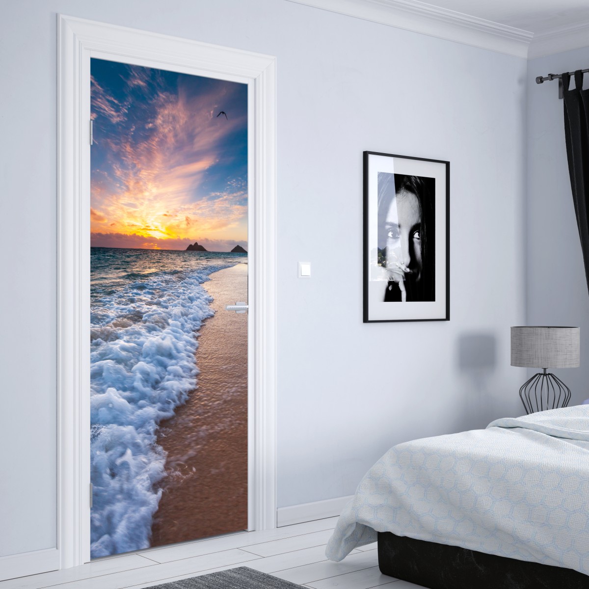 Naklejka na drzwi spokojny wschód słońca nad brzegiem oceanu – Wallissimo® Naklejka na drzwi spokojny wschód słońca nad brzegiem oceanu – Wallissimo®