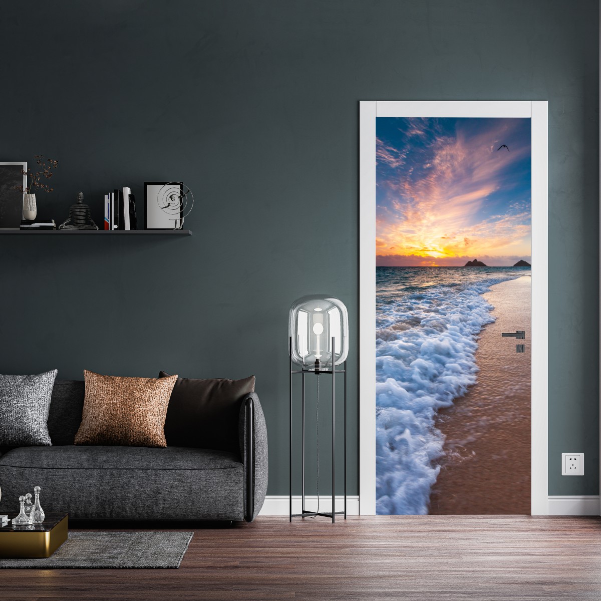 Naklejka na drzwi spokojny wschód słońca nad brzegiem oceanu – Wallissimo® Naklejka na drzwi spokojny wschód słońca nad brzegiem oceanu – Wallissimo®