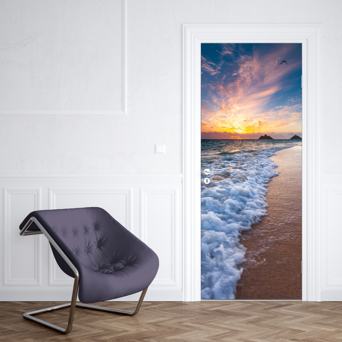 Naklejka na drzwi spokojny wschód słońca nad brzegiem oceanu – Wallissimo® Naklejka na drzwi spokojny wschód słońca nad brzegiem oceanu – Wallissimo®