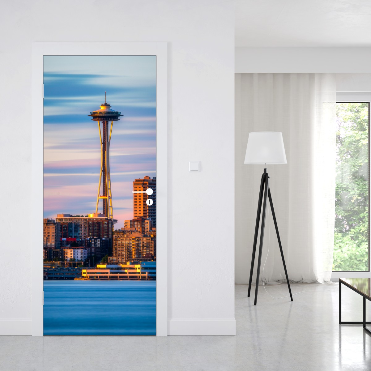 Naklejka na drzwi panorama Seattle ze Space Needle o zachodzie słońca – Wallissimo® Naklejka na drzwi panorama Seattle ze Space Needle o zachodzie słońca – Wallissimo®